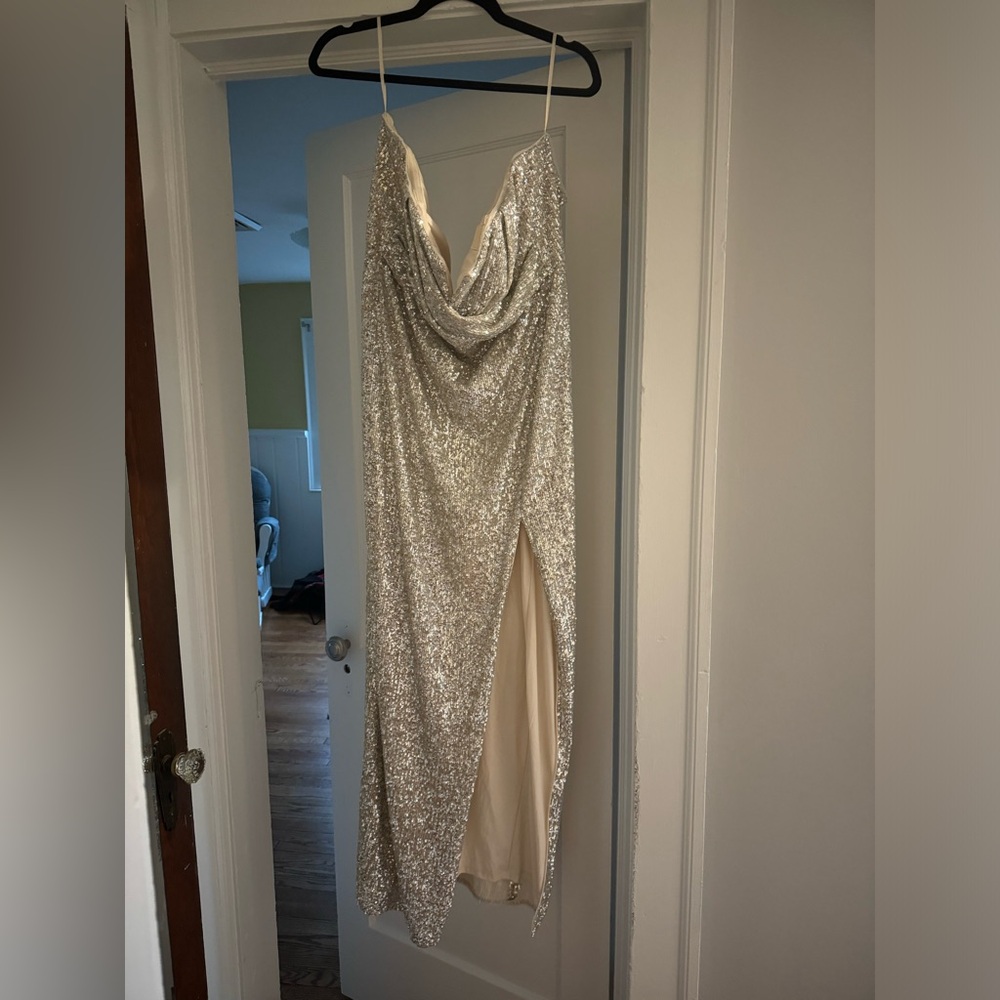 Strapless silver sequin gown